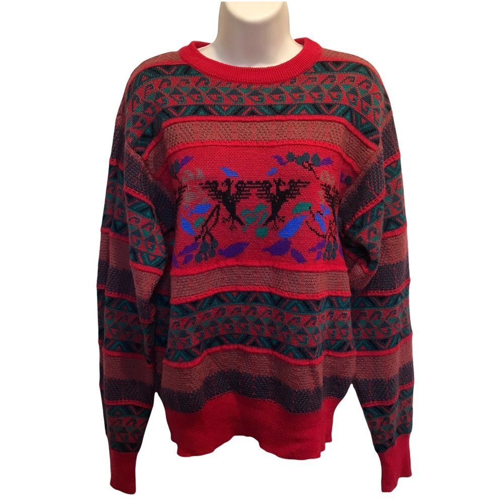 Vintage Meister Wool Blend Phoenix Bird Sweater Red Large Unisex Knit 70s 80s